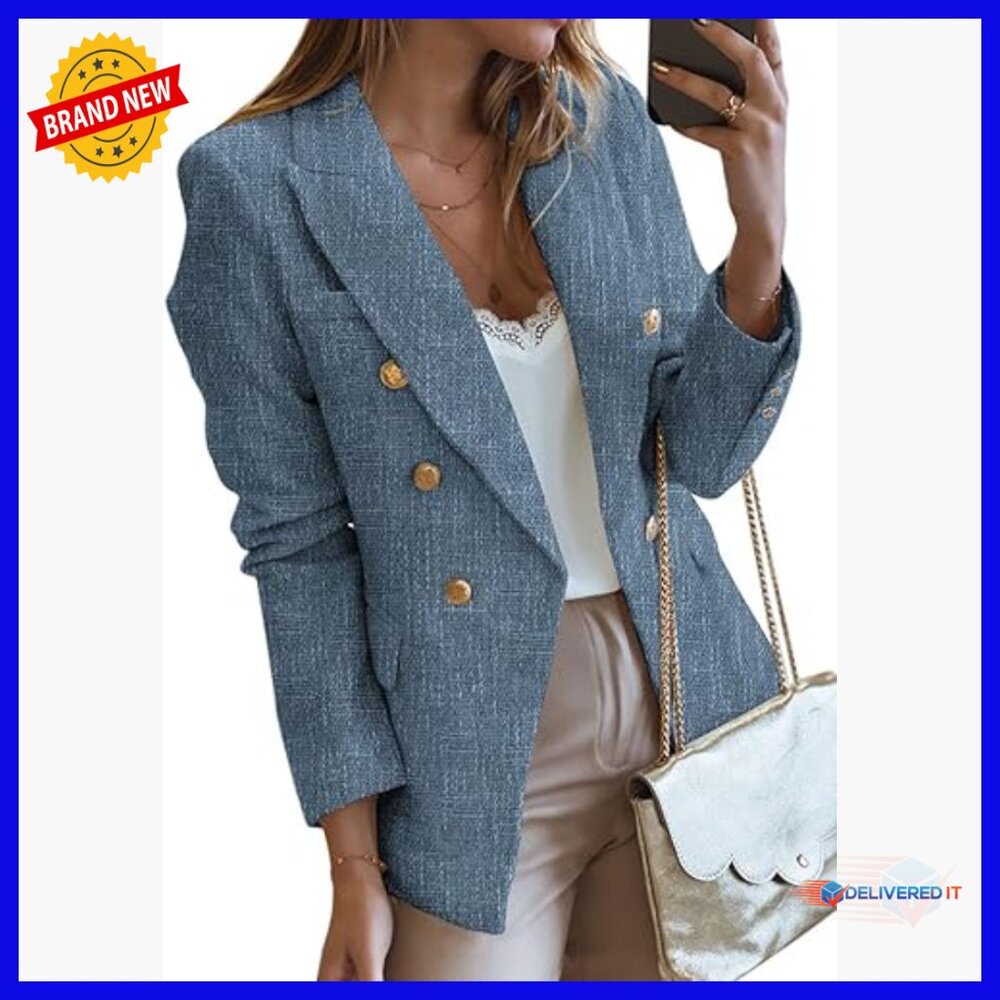 Tweed Blazer Double Breasted Long Sleeve Open Front Business Casual